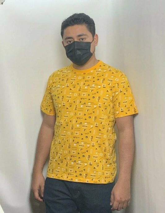Men's Fila Yellow | Black | White Logo All Over Short Sleeve Tee Shirt