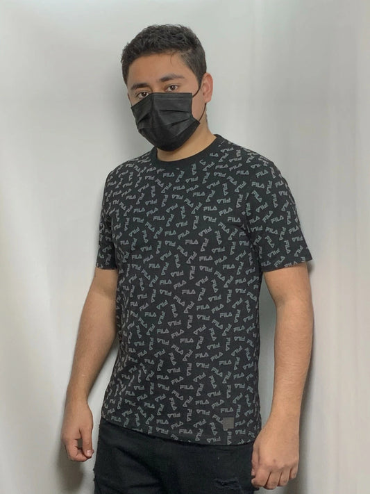 Men's Fila Black | Grey Logo All Over Short Sleeve Tee Shirt