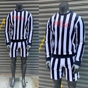 Men’s Fila Navy | White Stripes Velour Pull Over Short Set NWT