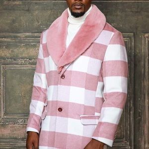 Men's Manzini White | Lt Pink Plaid Faux Fur Overcoat NWT