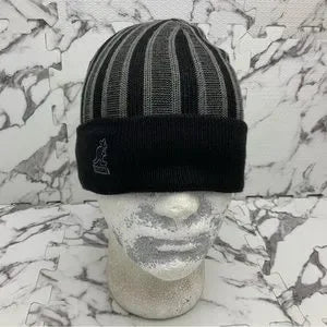 Men's Kangol Black | Grey Rib Stripe Rev Cuff Pull On Beanies NWT