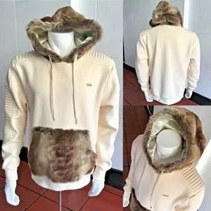 Men’s Makobi Ivory | Brown Faux Fur KING SIZE Pullover Hoodie NWT