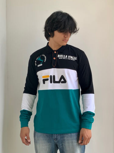 Men’s Fila Black White Teal Long Sleeve Polo Shirt