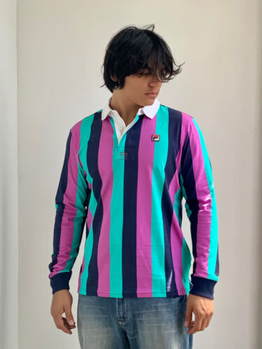 Men’s Fila Navy Fuchsia Turquoise Button Down Long Sleeve Polo Shirt