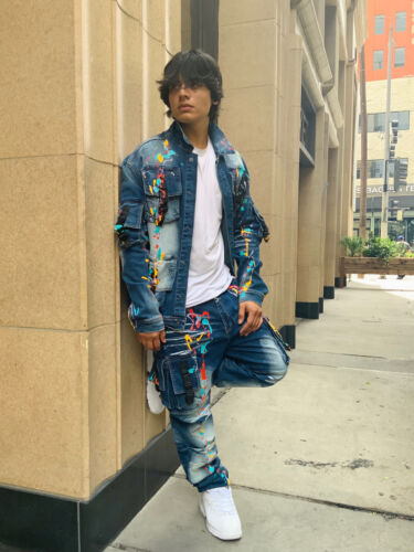 Men's Mid Blue Pocked Hand Painted Denim Jacket & Pants