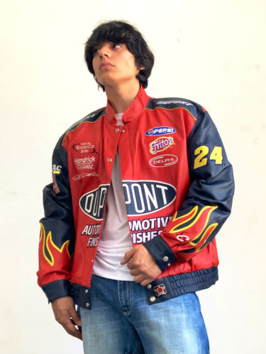 Men's Jeff Hamilton Nascar Red Navy Yellow Oupont Leather Jacket