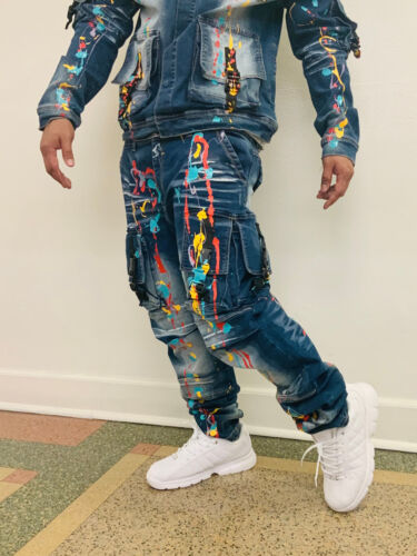 Men's Mid Blue Pocked Hand Painted Denim Jacket & Pants