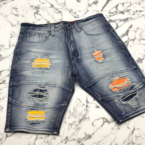 Men’s Fashion Dark Blue Wash Yellow Orange Denim Shorts