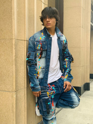 Men's Mid Blue Pocked Hand Painted Denim Jacket & Pants