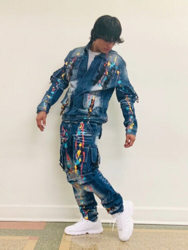 Men's Mid Blue Pocked Hand Painted Denim Jacket & Pants