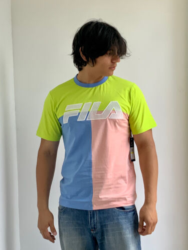 Men's Fila Lime Green Pink Lt Blue Short Sleeve Tee Shirt