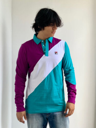 Men’s Fila Purple White Turquoise Long Sleeve Polo Shirt