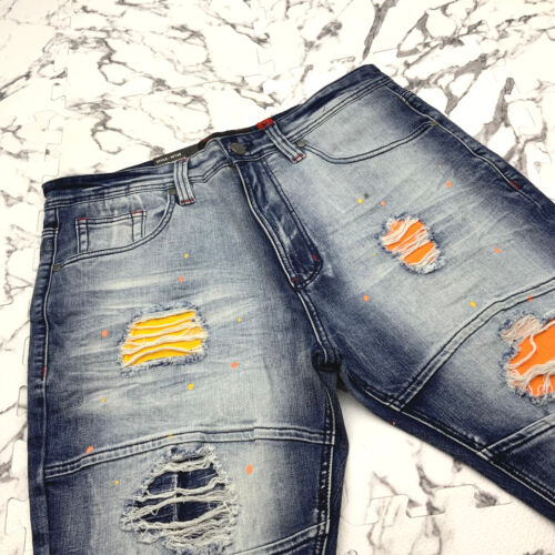 Men’s Fashion Dark Blue Wash Yellow Orange Denim Shorts