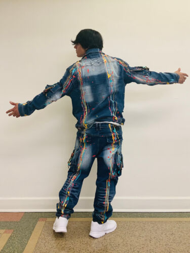 Men's Mid Blue Pocked Hand Painted Denim Jacket & Pants