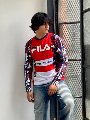 Men's Fila White Red Navy Long Sleeve Tee Shirt