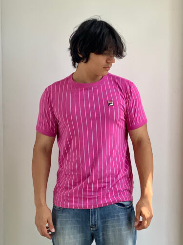 Men's Fila Fuchsia White Striped Short Sleeve Tee Shirt