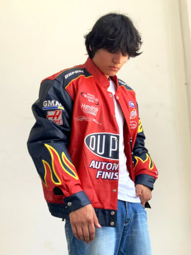 Men's Jeff Hamilton Nascar Red Navy Yellow Oupont Leather Jacket