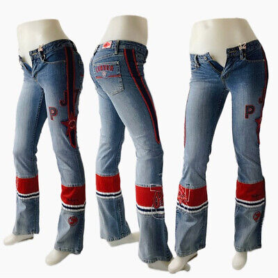 Women's Pepe Jeans Blue Red Low Rise Denim Stretch Flared Jeans Bootcut