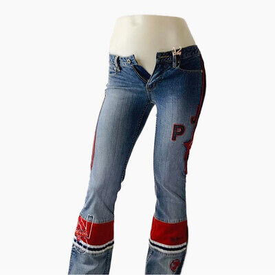 Women's Pepe Jeans Blue Red Low Rise Denim Stretch Flared Jeans Bootcut