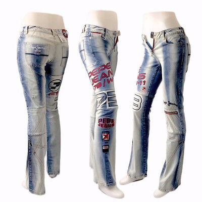 Women's Pepe Jeans Blue Beached Red Low Rise Denim Stretch Flared Jeans Bootcut